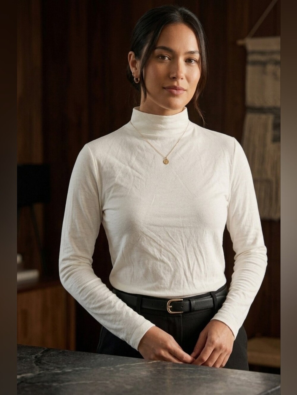 Ann Taylor White Long-Sleeve Mock Neck Shirt